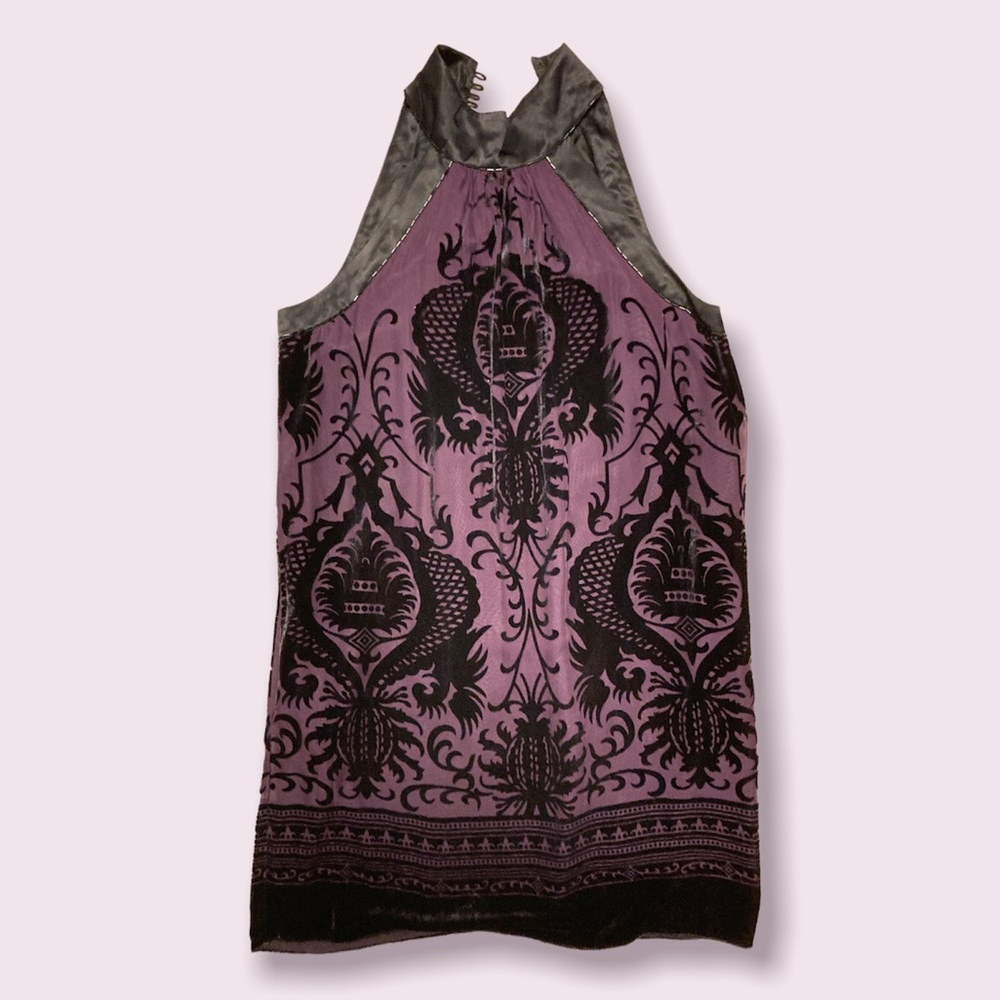 Cut velvet dress with purple silk backing and black velvet.